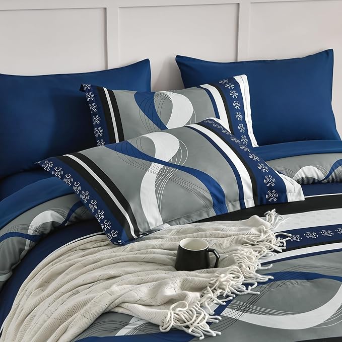 Anibedding Comforter Set King Size,8 Pieces Navy Blue Boho Bed in a Bag Patchwork Striped Comforter Set, Soft Microfiber Bedding Set for All Season(104"×90")