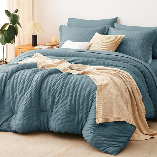 CozyLux Full Size Comforter Sets with Sheets 7 Pieces, Mineral Blue Seersucker Bed in a Bag Textured Luxury Soft Bedding Set with Down Alternative Comforter, Sheets, Pillowcases & Shams All Seasons