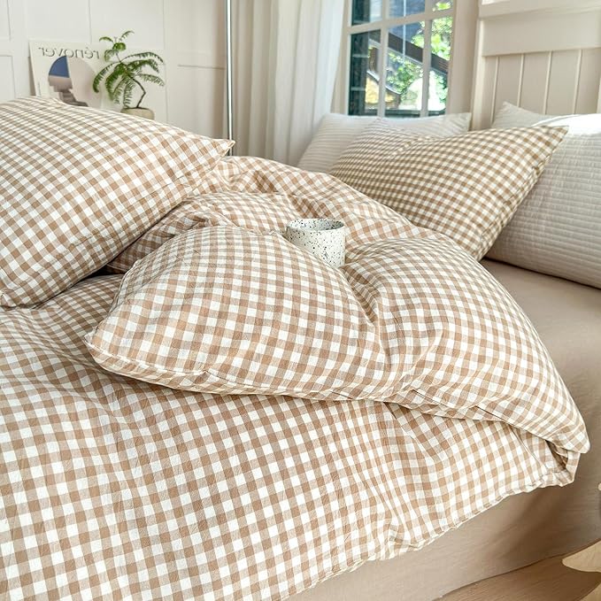 LifeTB Tan Gingham Comforter Set California King 3 Pieces Modern Plaid Comforter Set Beige Grid Comforter with 2 Pillowcases Soft Fluffy Checkered Grid Pattern Gingham Bedding Set for All Seasons
