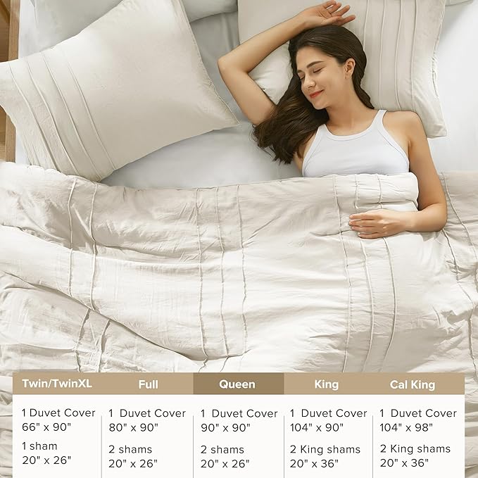 Comfort Spaces Cream Queen Size Duvet Cover Set - 3 Pieces Pintuck Pleated Duvet Cover Queen, All Season Lightweight, Extra Softness Pre-Washed Microfiber Queen Bedding Cover Shams, Full/Queen