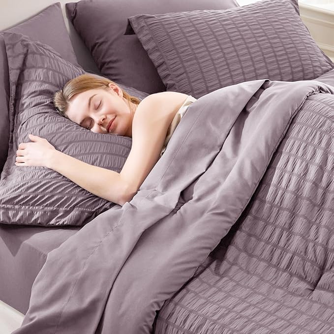 CozyLux Oversized King Comforter Set Dusty Purple Seersucker 7 Pieces 120x98 Bed in a Bag Comforter Set with Sheets, Luxury Bedding Sets with Down Alternative Comforter, Sheets, Pillowcases & Shams