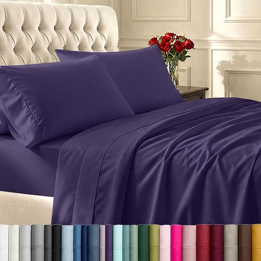 California Design Den King Size Sheets Set - 400 Thread Count Sateen, Natural 100% Cotton Sheets with Deep Pockets, Breathable, and Durable Bedding Set - Purple