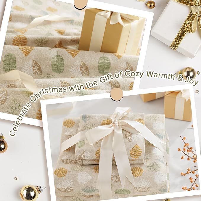 True North by Sleep Philosophy Cozy Flannel Warm 100% Cotton Sheet - Novelty Print Animals Stars Cute Ultra Soft Cold Weather Bedding Set, King, Multi Leaves 4 Piece