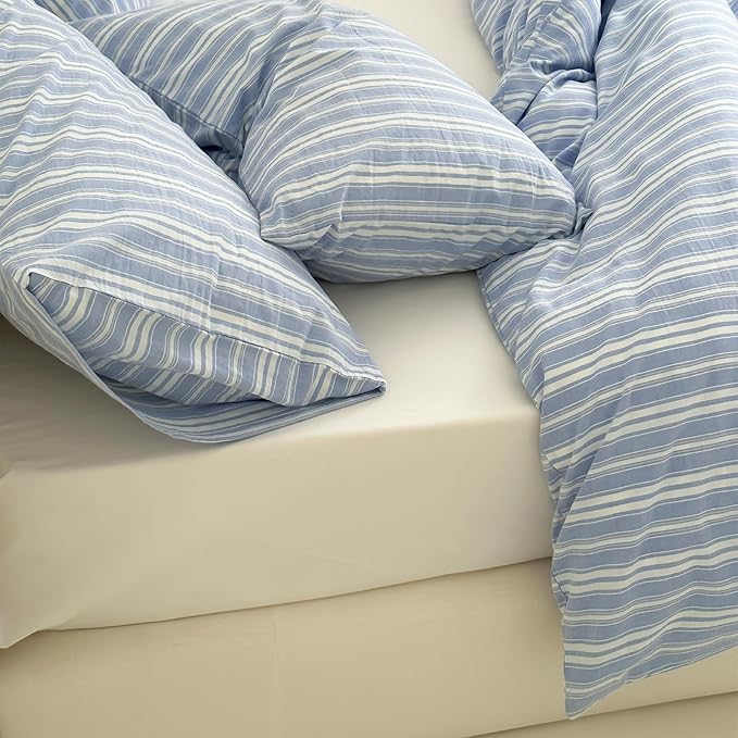 LifeTB Blue Striped Duvet Cover Twin XL, 100% Washed Cotton Blue White Stripes Pattern Printed Bedding Set, 3 Pieces Breathable Comforter Cover with 2 Pillowcases, Soft Farmhouse Striped Bedding Set