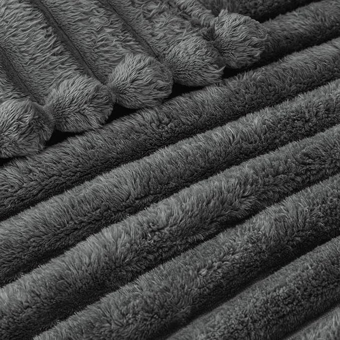 Exclusivo Mezcla Queen Size Flannel Fleece Blanket, Super Soft Striped Jacquard Bed Blanket, Lightweight Fuzzy Cozy for All Seasons, 90x90 Inches, Dark Grey