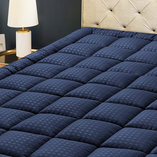 HYLEORY Full Mattress Pad Quilted Fitted Mattress Protector Cooling Pillow Top Mattress Cover Breathable Fluffy Soft Mattress Topper with 8-21" Deep Pocket, Navy