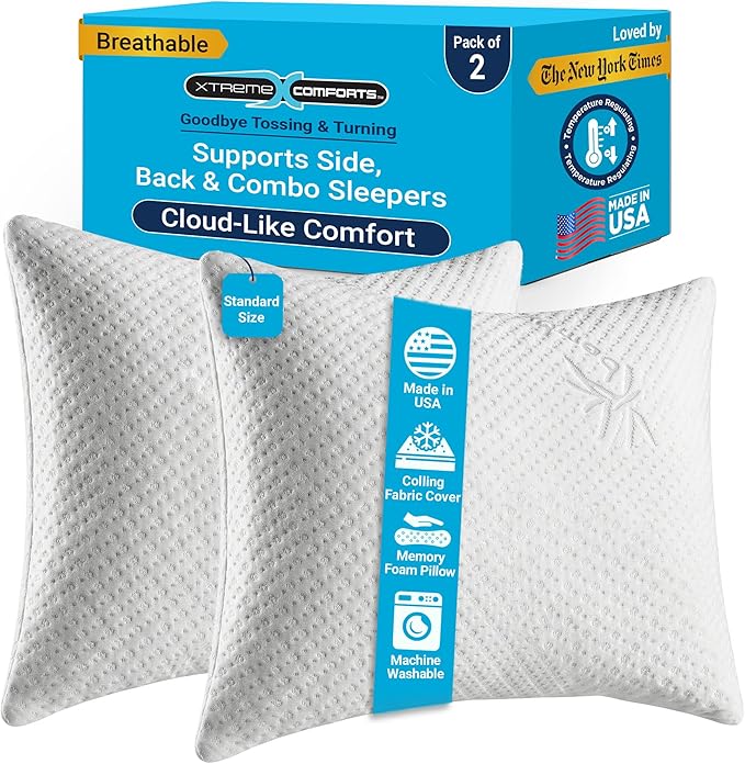Xtreme Comforts 2-Pack Memory Foam Pillows Made in The USA - Standard Size, Slim Cooling Pillow for Sleeping on Side, Back & Stomach - Firm and Soft Bed Pillows