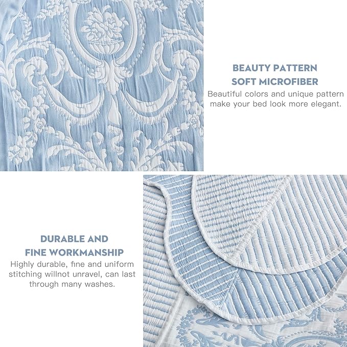 HZ & HY Oversized King Bedspread 138x122 Extra Wide, Jacquard Matelasse Damask Pattern Design, Lightweight, Reversible, 5 Piece, 100% Microfiber, California/Alaskan King, Wathet Blue