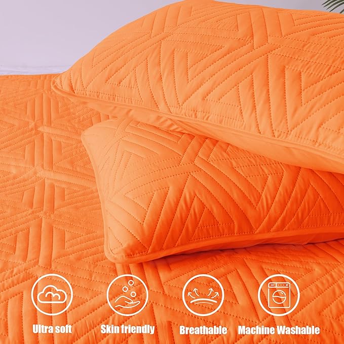Whale Flotilla Soft Twin Size Quilt Set for All Seasons, 2-Piece Ultrasonic Geometric Quilts Bedding Set, Lightweight Reversible Bedspread, Coverlet, Bed Cover with Pillow Sham, Orange