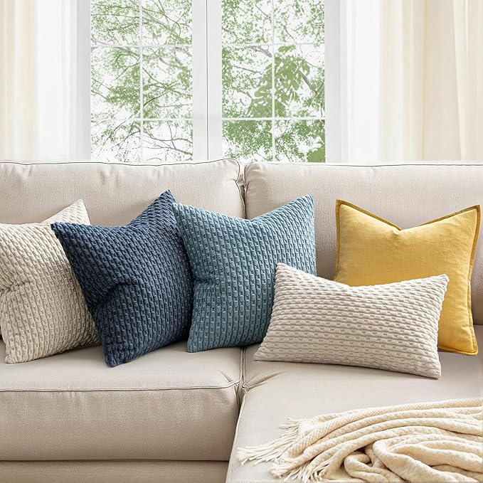 MIULEE Pack of 2 Decorative Lumbar Throw Pillow Covers 12x20 Inch Soft Boho Striped Textured Corduroy Pillow Covers Modern Farmhouse Home Decor for Couch Bed Sofa Living Room Cream White