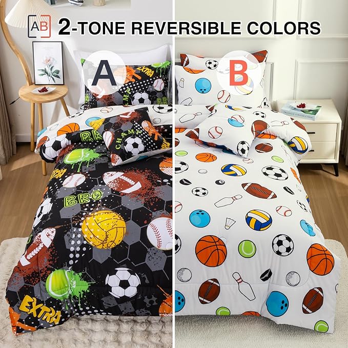 A Nice Night 6Pcs Bed in A Bag Twin Sports Microfiber Comforter Set,Black Rugby Ball Basketball Printed Bedding Collections,for Boys Kids Teen