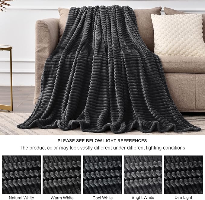 BEDELITE Fleece Blanket - 3D Ribbed Jacquard Decorative Black Throw Blankets for Men & Women, Lightweight Warm Cozy Soft Fuzzy Blankets All Seasons Suitable 50x60 inches