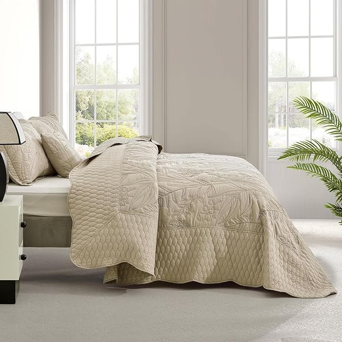 Botanical Oversized Bedspread Queen Size - Leaves Pattern Stitching Quilt Set - Elegant & Fresh Style Bedding Coverlets, Reversible, Lightweight, 5 Piece, Taupe