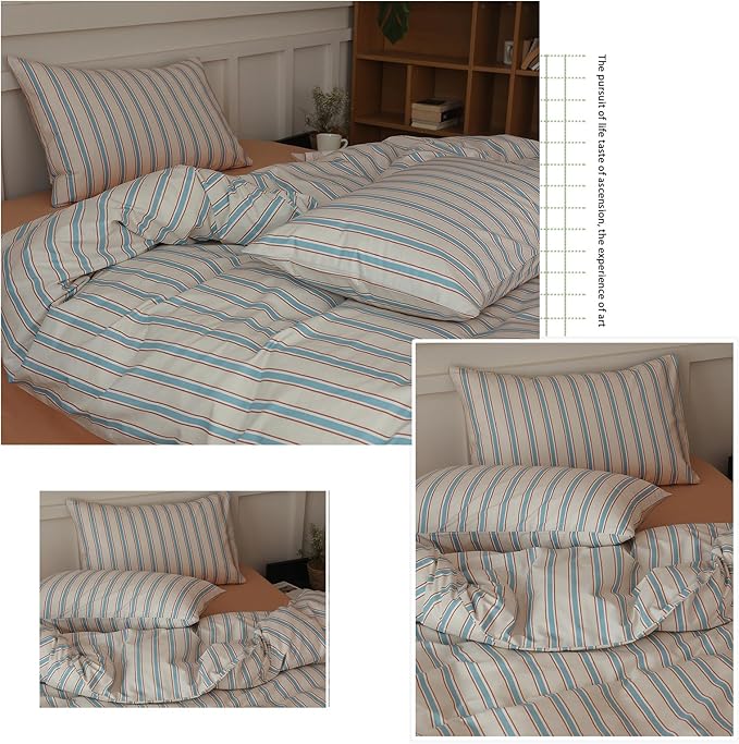 Blue Striped Duvet Cover Twin XL 100% Cotton Retro Stripes Pattern Printed Bedding Set 3 Pieces Blue Brown Striped Comforter Cover Simple Style Breathable Duvet Cover with Zipper Closure & Corner Ties