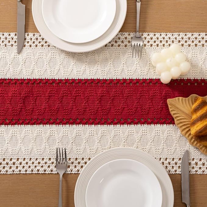 Socomi Boho Table Runner Macrame Valentine's Day Farmhouse Woven Cotton Linen Rustic Coffee Table Runner with Tassels for Dresser Scarf Home Decor Dining Room 12x90 in Red Ivory