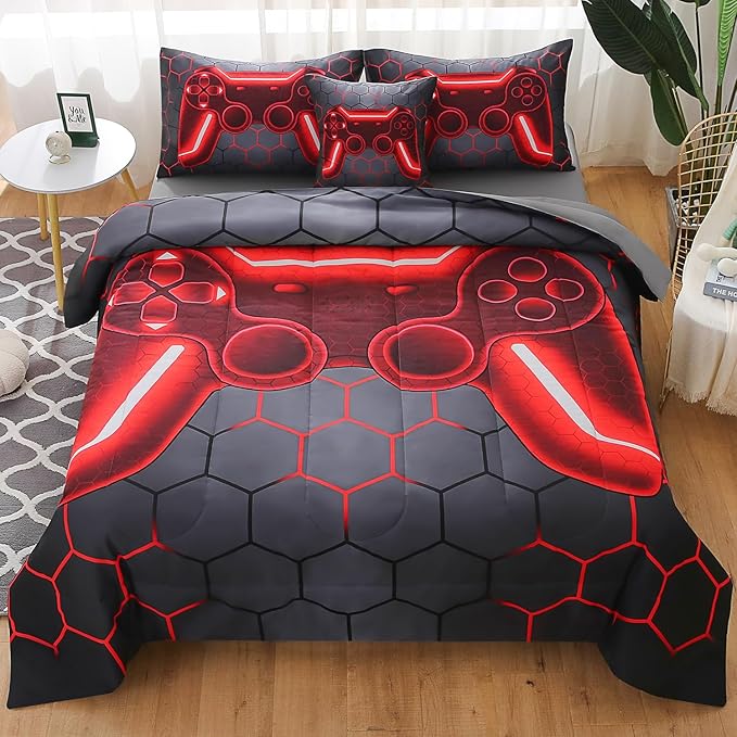 JQinHome Twin Gamer Comforter Set for Boys Girls Kids,6 Piece Bed in A Bag 3D Video Game Bedding -All Season Soft Microfiber Down Alternative Comforter Gamer Bedding Sets with Sheets （Red）
