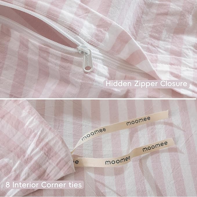 MooMee Striped Duvet Cover Set 100% Washed Cotton Linen Like Textured Breathable Durable Soft Comfy (Heathered Greyish Pink Classic Stripes, Palatial King/Oversized King 120"x98")