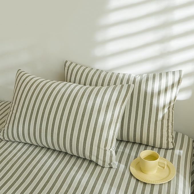 Striped Duvet Cover Set Twin, 100% Washed Cotton Striped Bedding Set, 3 Pieces White Grey Stripes Pattern Printed Comforter Cover, Durable Soft Breathable Duvet Cover with Zipper Closure & Corner Ties