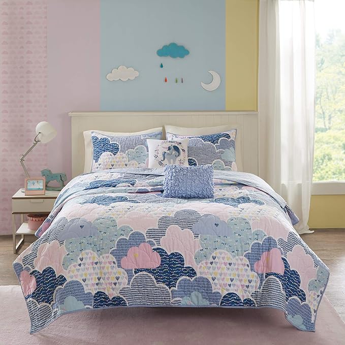 Intelligent Design Kids Reversible Cotton Quilt Set - Vibrant Fun, Playful Print, All Season Children Bedding Coverlet Bedspread, Decorative Pillow, Bedroom Décor, Twin, Cloud Blue 4 Piece