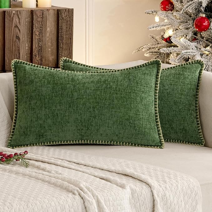 MIULEE Pack of 2 Christmas Pillow Covers 12x20 Inch Moss Green Farmhouse Decorative Throw Pillow Covers with Stitched Edge Soft Chenille Solid Dyed Couch Pillow Covers for Sofa Bed Living Room