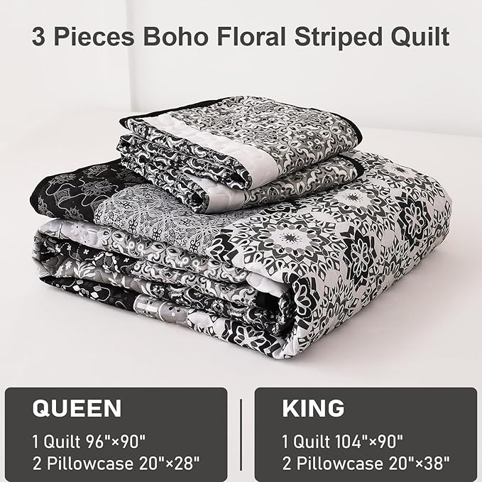 WONGS BEDDING Boho Quilt Set King, Bohemian Black Striped Patchwork Bedspread Coverlet Set with 2 Pillowcases,Lightweight Microfiber Floral Bedding Set 104"×90"