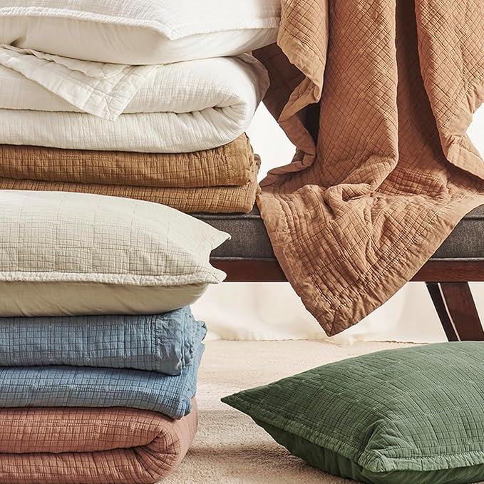 EVERGRACEHOME Stonewashed Cotton Quilt Set Full Queen Size, Ultra Soft Oversized Bedspread Coverlet Set, Lightweight Crinkle Box Stitch Bedding Sets for All Season, with 2 Shams, Sonoma Blue