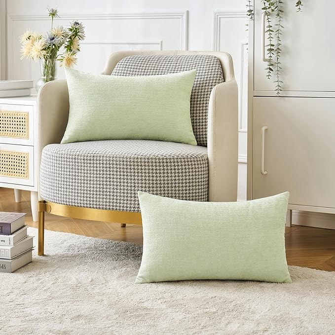 MIULEE Pack of 2 Spring Light Green Couch Throw Pillow Covers 12x20 Inch Soft Chenille Lumbar Pillow Covers for Sofa Living Room Solid Dyed Cases