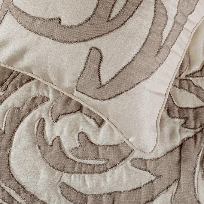 The HomeCentric Designer Ivory & Beige Queen 74 x 18 inch Bed Runner with Pillow Cover Set, Linen Lurex Applique Bed Scarf, Abstract Modern - Pretty Dainty