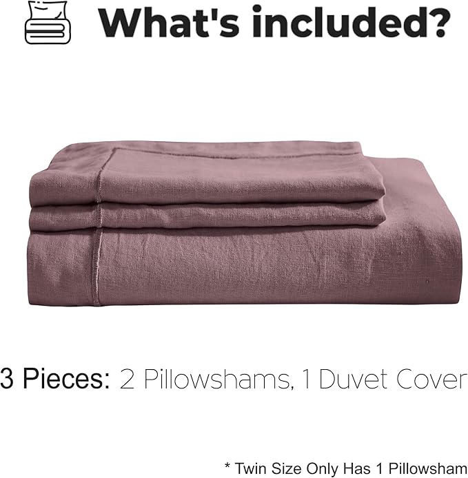 Simple&Opulence 100% Washed Linen Duvet Cover with Embroidered, 3 Pieces Soft Farmhouse Comforter Set with Button Closure,1 Duvet Cover and 2 Pillowshams(King,Purple)