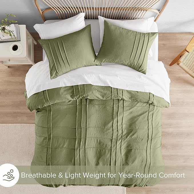 Comfort Spaces Olive Green Queen Size Duvet Cover Set - 3-pc Pintuck Pleated Duvet Cover Queen, All Season Lightweight, Extra Softness Pre-Washed Microfiber Queen Bed Cover Shams