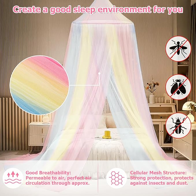 Bed Canopy with Lights, Bed Canopy for Girls Princess with Luminous Stars, Canopy Bed Curtains for Twin to King Size Bed, Baby Kids Adult Indoor Decor Bedroom Reading Nook Outdoor Camping, Rainbow