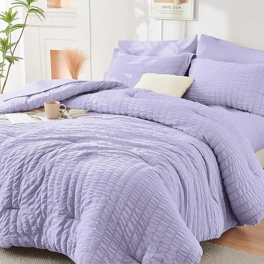 HYMOKEGE Light Purple Twin Comforter Set Seersucker 5 Pieces, All Season Luxury Bed in a Bag for Bedroom, Bedding Set with Comforter, Sheets, Pillowcase & Sham