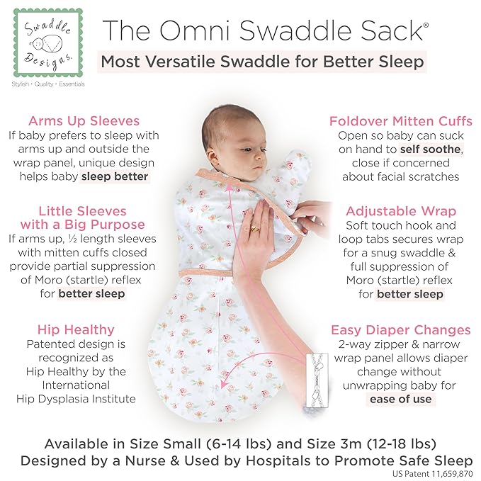 SwaddleDesigns 6-Way Omni Swaddle Sack, Arms Up Swaddle for Newborn, More Options to Calm Startle Reflex, Improves Sleep, 12-18 lbs, Watercolor Peachy Pink Floral