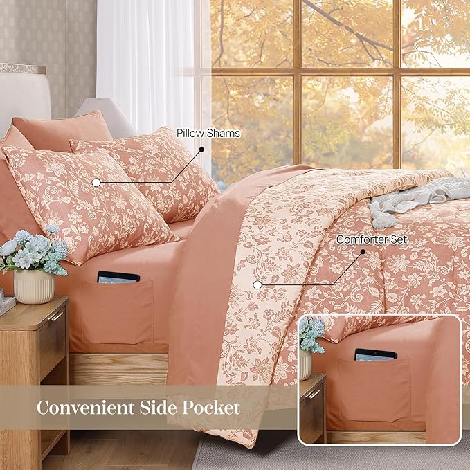 Twin XL Comforter Set -5 Pieces Floral Clay Pink Bedding Set for All Seasons, Bed in a Bag with Botanical Flowers Comforter, Sheets, Pillowcase & Sham