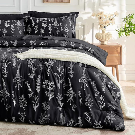 MUXHOMO Black Full Comforter Set, Elegant Floral Print Bed in a Bag 7 Pieces, Ultra Soft & Breathable Reversible Botanical Pattern Bedding Set with Comforter, Sheets, Pillowcases, and Shams