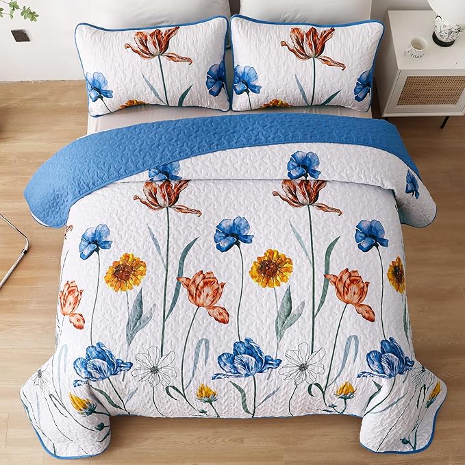WONGS BEDDING Blue Quilt Set Full Size,Cute Floral Botanical Bedspread Bedding Set with 2 Pillowcase,Lightweight Farmhouse Coverlet Set for All Season (78"x90")