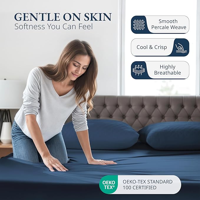 LANE LINEN Twin XL Fitted Sheet, 100% Organic Cotton 2-Piece Set (1 Fitted Sheet, 1 Pillowcase), Percale Weave, Soft, Breathable, Fits Mattress Upto 15" Deep - Estate Blue (No Flat Sheet)