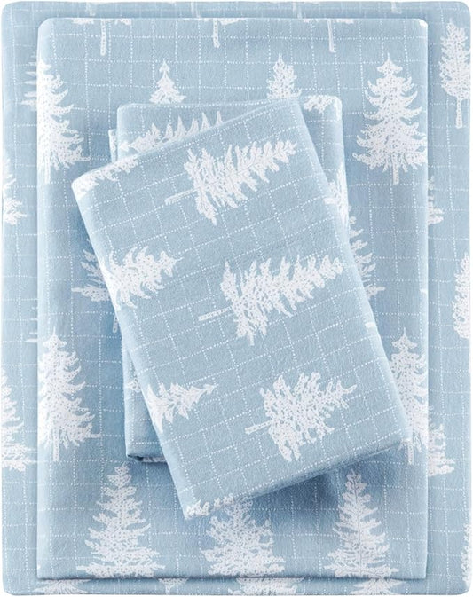 True North by Sleep Philosophy Cozy Flannel Warm 100% Cotton Sheet - Novelty Print Animals Stars Cute Ultra Soft Cold Weather Bedding Set, King, Blue Forest 4 Piece
