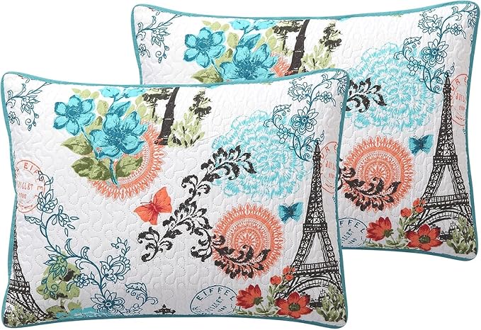 VCNY Home Blue Quilt for Queen Bed - 3-Piece Full or Queen Comforter Alternative, Bedspread Coverlet with Shams (Eiffel Paris Decor)