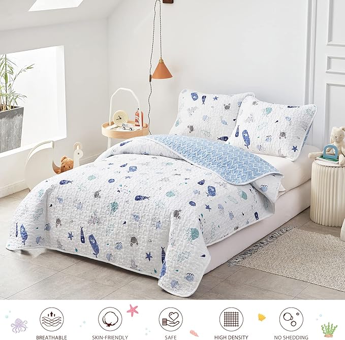 Joyreap 3-Piece Cotton Quilt Set Full/Queen, Vibrant Ocean Theme Starfish Whale Crab Printed on White, Smooth Soft Quilt Bedspread Bed Cover for All Season, 1 Quilt and 2 Pillow Shams- 90x90 inches