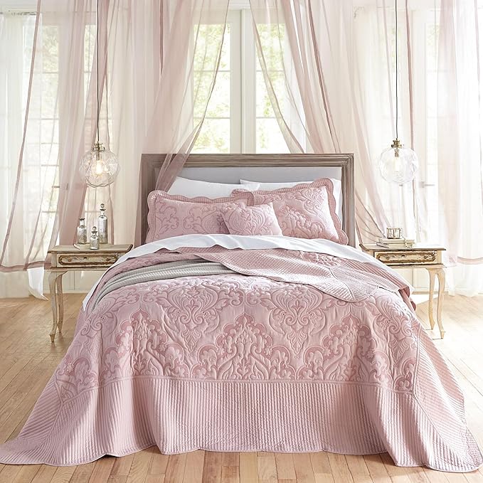 BrylaneHome Bedding Lightweight All Season Modern Amelia Quilted Damask Oversized Ultra Soft Bedspread - Full, Pale Rose