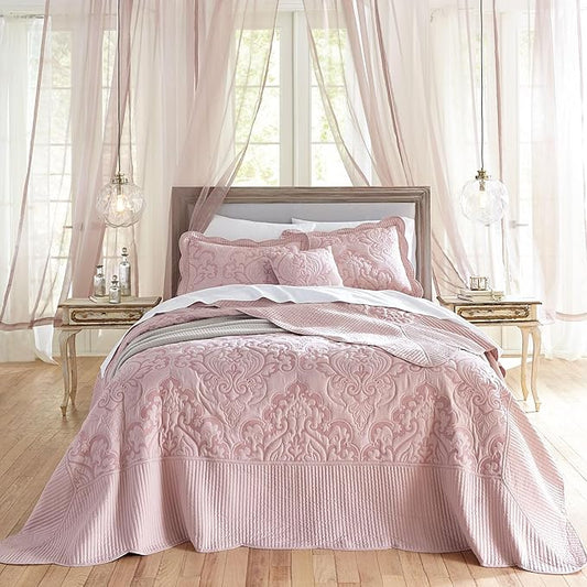 BrylaneHome Bedding Lightweight All Season Modern Amelia Quilted Damask Oversized Ultra Soft Bedspread - Full, Pale Rose
