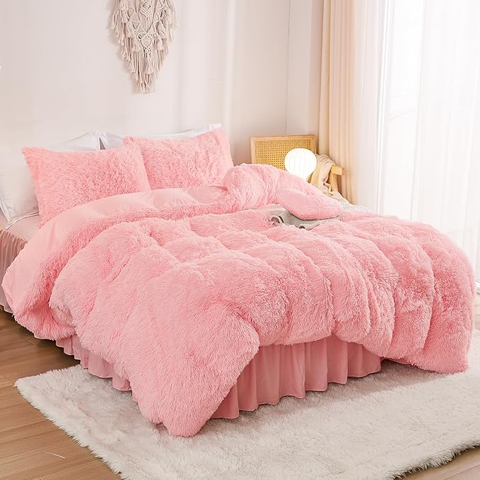 annadaif Fluffy Duvet Cover Full Size, Pink Plush Shaggy Faux Fur Comforter Cover Velvet Bedding Set with Zipper Closure(1 Duvet Cover, 2 Pillowcases)