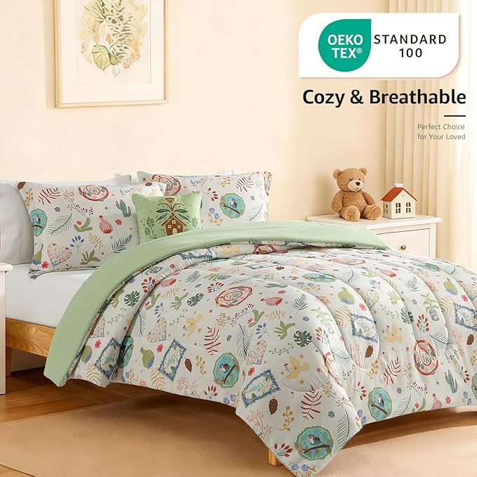 Twin Comforter Set for Girls-3 Pieces Forest Friends Twin Bedding Sets for Kids,1 Comforter,1 Sham and 1 Decor Pillow