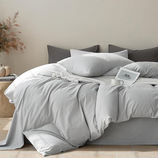 JELLYMONI Duvet Cover Twin Size - Washed Cotton Comforter Cover with Linen-Like Texture,Breathable & Soft Bedding for Modern Home,Guest Room and Everyday Use,Pale Grey 1 Duvet Cover & 1 Pillowcase
