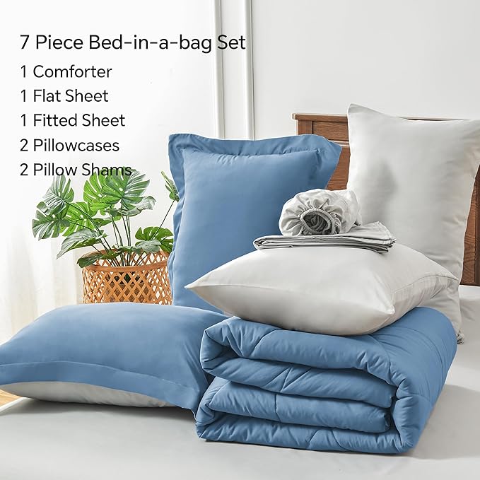 BEDELITE King Size Comforter Set 7 Pieces Bed in A Bag - Soft Microfiber Reversible Blue Bed Set with Comforters, Sheets, Pillowcases & Shams, Cozy Luxury Bedding Sets for All Season