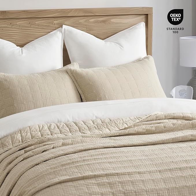EVERGRACEHOME Stonewashed Cotton Quilt Set Full Queen Size, Ultra Soft Oversized Bedspread Coverlet Set, Lightweight Crinkle Box Stitch Bedding Sets for All Season, with 2 Shams, Flax Beige
