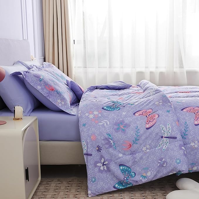 Mooreeke Kids Full Comforter Sets for Girls 8 Pieces Butterfly Purple Bedding Set for Teens Soft Microfiber Kids Bed in A Bag with Comforter, Sheet Set, Shams and Decorative Toy Pillow All Season