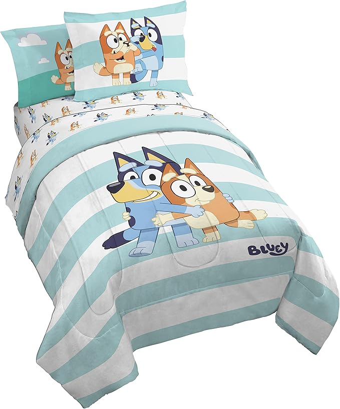 Jay Franco Bluey & Bingo 7 Piece Full Size Bed Set - Includes Comforter & Sheet Set - Super Soft Kids Bedding Fade Resistant Microfiber (Official Bluey Product)