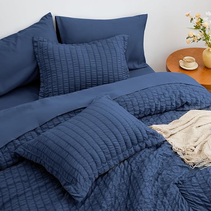 Love's cabin Seersucker Dark Blue California King Comforter Set, 7-Piece All Season Lightweight Bed in a Bag Bedding Set with Comforter, Flat Sheet, Fitted Sheet, Pillowcases and Shams | Soft, Breathable, Lightweight